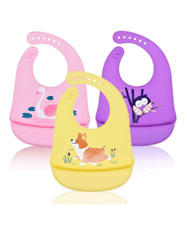 Baogaier Bibs Baby Silicone Waterproof Silicone Bib for Feeding Babies Girls Easy Clean Soft Pocket Food Crumb Catcher Animal Weaning Roll Up Toddler Bibs Kids 6 Months Up Purple Yellow Pink - 3 PCS