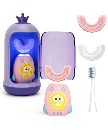 FTOYIN U Shaped Toothbrush Kids, 5 Modes Kids Toothbrushes Electric, IPX7 Waterpoof Sonic Toothbrush Kids, 360 Autobrush Toothbrush Kids with 3 Brush Heads, Kids Automatic Toothbrush for Age 2-12 Pink