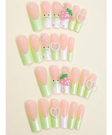 24pcs Heart Green Coffin Fake Nail Strawberry Press on Nails Trendy Frogs Coffin Nails Luxurious Nails Acrylic Nails Fake Nails For Women Girls - Buy Online on GoSupps.com