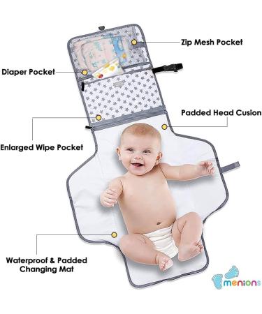 Menions Portable Nappy Changing Mat with Wipe-Pocket, Head Cushion, Waterproof Pad - Grey/Star Print | Travel Baby Change Bag for On-The-Go Parents - Buy Online on GoSupps.com