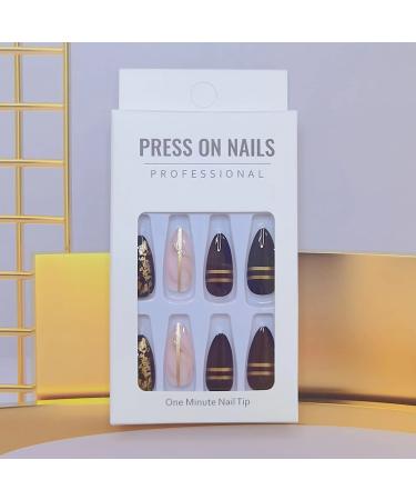 Medium Black Marble Press on Nails with Gold Foil Glitter - Glossy False Nails for Women and Girls - Buy Online on GoSupps.com