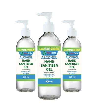 3x Vira Safe 500ml Hand Sanitiser Antibacterial Gel Certified Kills 99% Germs Fast Drying Moisturising Formula 3 Bottles