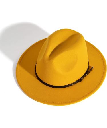 HUDANHUWEI Women's Yellow Wide Brim Fedora Hat - Classic Felt Panama Hat with Belt Buckle - Buy Online on GoSupps.com