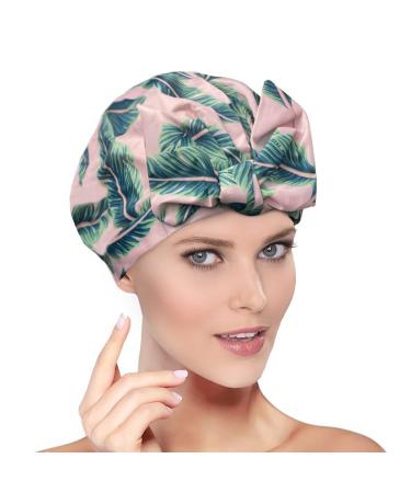Luxury Shower Caps for Women Reusable Waterproof   Upgraded Satin Material  Shower Cap for Long Hair  Waterproof EVA Coating  with Adjustable Elastic Band  Large Size for Long Short Curly Hair (Pink Leaves)