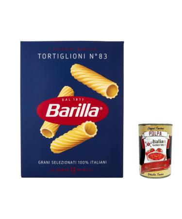 Italian Gourmet E.R. Barilla Tortiglioni No. 83 Pack of 10 pasta 100% Italian made with durum wheat semolina 500g + Italian Gourmet Polpa di Pomodoro 400g can