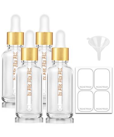 Bumobum Dropper Bottle 2 oz Clear Glass Eye Dropper Bottles with Golden Lid for Essential Oils with Labels and Funnel 4 pack Tincture Bottle 60 ml with Measured Dropper