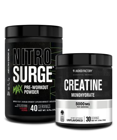 Jacked Factory Nitrosurge Max High Performance Pre Workout Powder - Pre Workout w/Nootropic Ingredients (Cherry Bomb 40sv) Creatine Monohydrate Powder 150g (Unflavored 30sv)