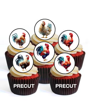 PRECUT Chickens Edible Cupcake Toppers - Cute Chickens Theme Premium Thickness SWEETENED VANILLA - wafer card disc cake decorations (Pack of 12)