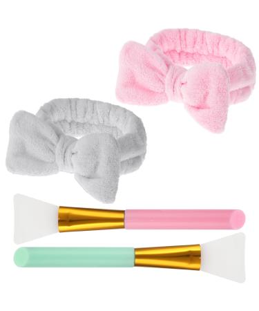 2 pieces spa headband with 2 pieces of silicone brushes coral fleece make-up headband elastic spa bow knot hair bands ladies hair band for showers and face wash pink+gray+2 silicone brush - Buy Online on GoSupps.com