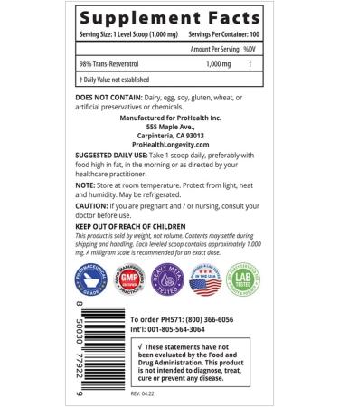 ProHealth Longevity Bulk Trans Resveratrol Powder 100g - Pharmaceutical Grade, 1000mg per Scoop | Superior Absorption - Buy Online on GoSupps.com