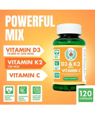 Apollo Ayurveda Vitamin D3 10000 IU & Vitamin K2 100 mcg with Vitamin C - 120 Capsules - Heart & Bone Support Capsule Supplemet - Non-GMO & Gluten Free Made in USA - Buy Online on GoSupps.com