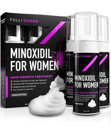 5% Minoxidil Foam for Women Hair Growth Treatment - (3 Month Supply) by FolliGuard - Foam Hair Regrowth Treatment for Women with Added Biotin  DHT Blockers  Vitamins and Herbs (60ml each)