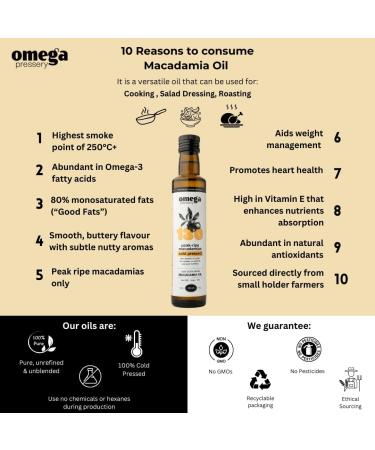 Omega Pressery Extra Virgin Macadamia Oil - 250ml | Cold Pressed Unrefined Unblended | Bottled in UK | 100% Natural & Pure Macadamia Cooking Oil | Used for Cooking Salad Dressing & Roasting - Buy Online on GoSupps.com