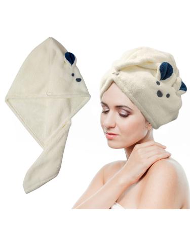 Microfiber Cute Hair Towels Super Absorbent Hair Drying Towel Turban for Women and Girls 1 Pack 9.45 inch X 25.2 inch Quick Dry Hair Turban with Buttons for Curly  Long & Thick Hair(White)