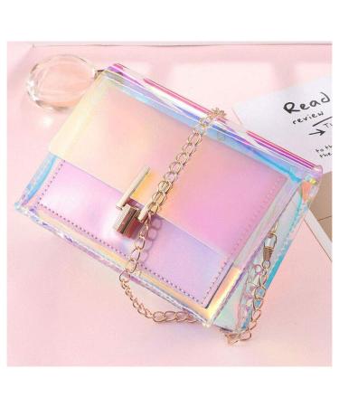 Acxico 1Pcs Pink Transparent Handbag Colorful Chain Bag Rainbow Laser Purses Clear Jelly Mini Bag
