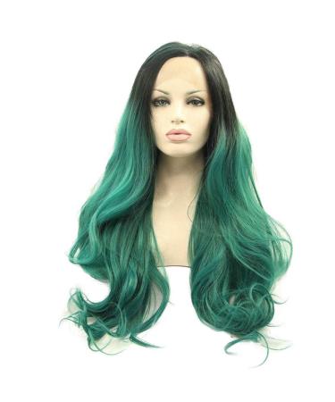Xingyu Heat Resistant Wig Pine Green Ombre Synthetic Lace Front Wigs for Women Soft Long Wig Black Black Black Black Green Drag Queen Party Synthetic Wig 24 "