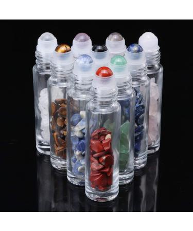 10 Pack 10ml Gemstone Roller Bottles with Healing Crystal Chips - Clear Glass Roll on Bottle for Essential Oils - Silver Lid - Natural Crystal Stones Roller Balls - Buy Online on GoSupps.com