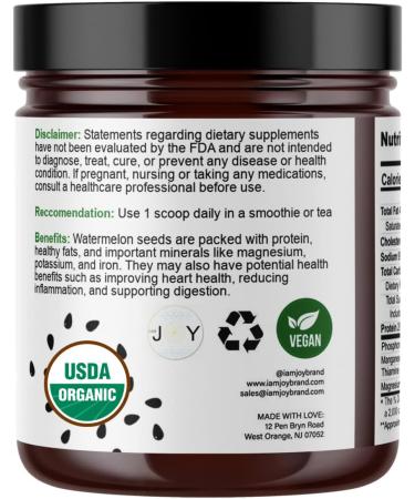 I Am Joy Co. Organic Watermelon Seed Powder - Nutrient Dense & Protein Rich | Non-GMO Eco-Friendly 10oz Glass Jar | Perfect for Tea & Smoothies - Buy Online on GoSupps.com