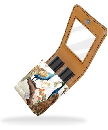 Buy Leather Lipstick Case with Mirror - Mini Lip Gloss Organizer | Forest Tree Couple Peacock Design - Buy Online on GoSupps.com