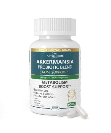 GLP-1 Supplement 100 Billion Akkermansia Probiotic & Prebiotic for Gut Health & Digestion Metabolism & Energy Support with Vitamin B2 & D Green Tea and Chromium - Non-GMO | 90 Capsules 90 Count (Pack of 1) Akk Glp