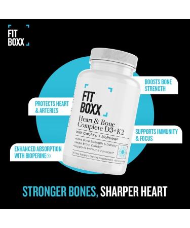 Fit Boxx Heart & Bone Complete D3 + K2 with Calcium & BioPerine Vitamin D3 5000 IU + K2 MK-7 100mcg + Calcium 210mg Bone & Heart Support Non-GMO Gluten-Free Dairy-Free 60 Veggie Capsules - Buy Online on GoSupps.com