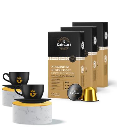 Kahwati | Luxury Coffee Pods Medium Roast Gift Set | Two Espresso Cups and a Saucer | Unique Gift Idea | Freshly Roasted In London | Single Origin | Treat for your Loved ones | 30 Pods Medium Roast