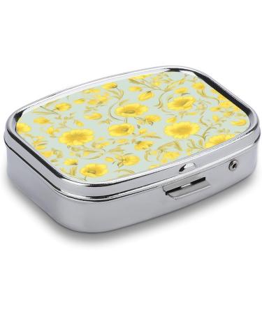 Yellow Flower Print Pill Box - 2 Compartment Decorative Metal Pill Organizer for Travel | Portable Medicine Case - Buy Online on GoSupps.com