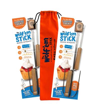Wolf'em Marshmallow Roasting Stick - Multiple Cooking Attachments - Campfire Pie, S'More, and Hot Dog BBQ Roaster | Easy Spin Handles 2 Pack w/ Bag
