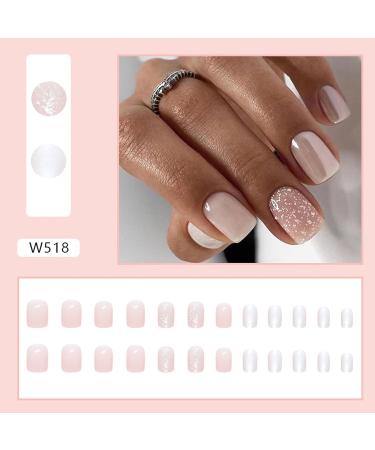 24Pcs Nude Pink Pearlescent Glitter Square Press On Nails - Short Full Cover False Nails for Women & Girls - Glossy Acrylic Daily Nail Art - Buy Online on GoSupps.com
