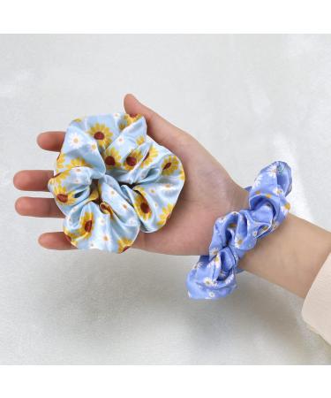 Daisy Flower Blue Hair Scrunchies 2PCS - Women's Silk Hair Accessories & Ponytail Holder Bracelet - Buy Online on GoSupps.com
