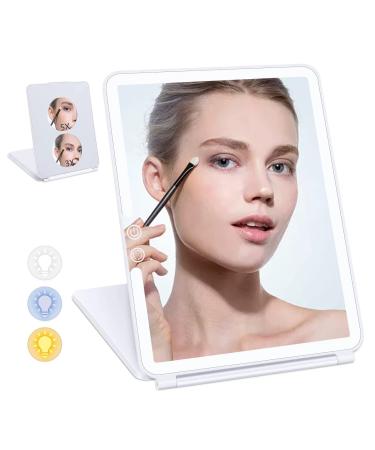 Rechargeable Travel Makeup Mirror with 3X 5X Magnifying Mirror  Portable Vanity Mirror with 72 LED Lights/3 Color Lighting/Dimmable Touch Screen  Compact Foldable Travel Mirror for Women(7.5W x 10H) White With Led