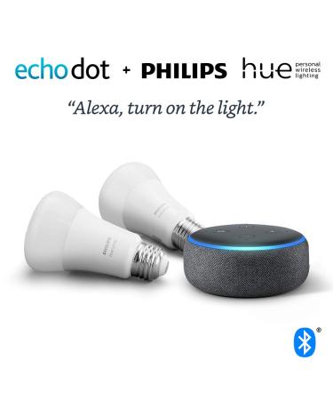 Echo Dot (3rd Gen) Charcoal Bundle with Philips Hue White 2-pack A19 Smart Bulbs Bluetooth & Zigbee compatible (No Hub Required)