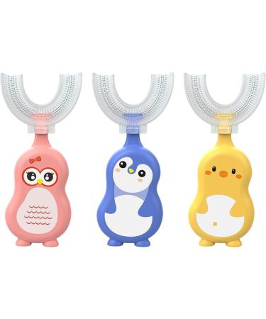 Kids U-Shaped Toothbrush 3 Pack - BPA Free Soft Silicone Bristles - Assorted Cute Penguin, Chick, Duck Design - Toddler Age 1-2 & 3+ - 360 Whole Mouth Cleaning - Buy Online on GoSupps.com