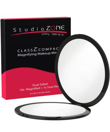 Best Compact Mirror - 10X Magnifying Makeup Mirror - Perfect for Purses - Travel - 2-Sided with 10X Magnifying Mirror and 1x Mirror - ClassZ Compact Mirror - 4 Inch Diameter Black