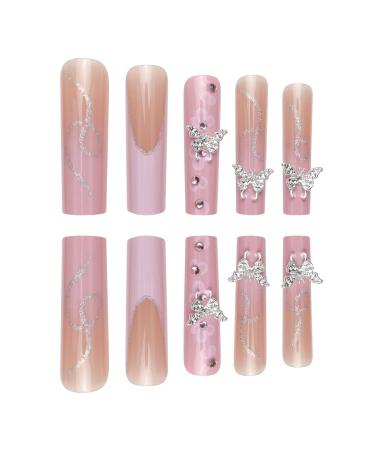 Long Pink XXL Press-On Nails | Square Fake Nails with 3D Butterfly & Flower Designs | Full Cover | 24pcs Light Pink & Nude | Perfect for Women & Girls - Buy Online on GoSupps.com