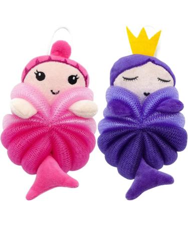 Minkissy Mermaid Kids Bath Loofah Sponge Set - 2 Pack Animal Shower Loofahs for Body Scrubbing and Exfoliation - Buy Online on GoSupps.com