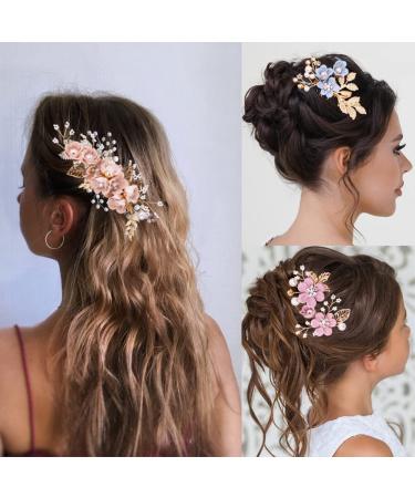 Pink Crystal Pearl Bridal Flower Hair Pins Set for Wedding - Gold Accessories for Brides & Bridesmaids - Buy Online on GoSupps.com