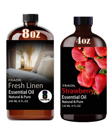 Fresh Linen Essential Oil 8 Fl Oz and Strawberry Essential Oil 4 Fl Oz for Diffuser Humidifier Yoga Cleaning DIY Candle Soap Making Perfume Gift for Essential Oils