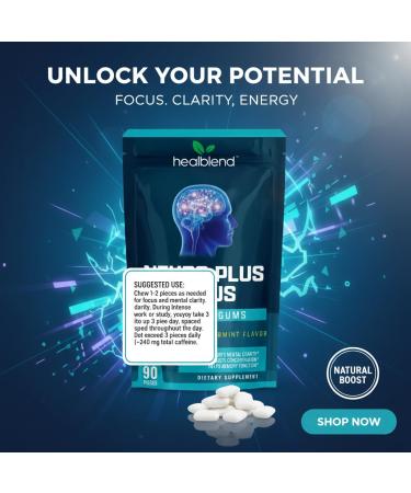 Healblend Neuro Plus Focus Chewing Gums - Peppermint Flavor - Nootropic Energy Gum with Caffeine L-Theanine Rhodiola - Supports Memory Mental Clarity & Concentration - 90 Pieces (1) - Buy Online on GoSupps.com