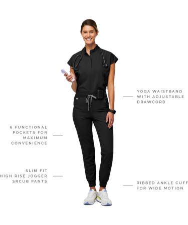 FIGS Zamora High Waisted Jogger Style Scrub Pants for Women - Slim Fit, 6 Pockets, High Rise, Yoga Waistband - Black (Regular, Medium) - Buy Online on GoSupps.com