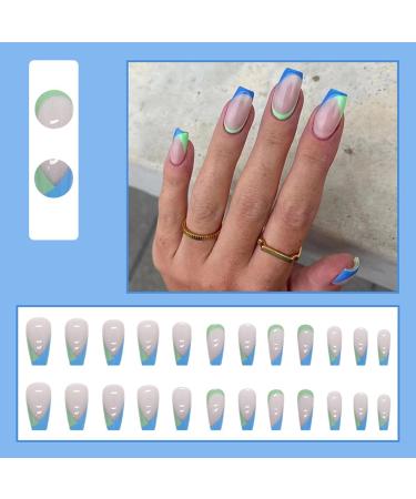 24 Pcs Square Blue and Green French Press on Fake Nails - Medium | Ballerina Stick on Acrylic False Nails with Glue for Nail Art - Buy Online on GoSupps.com