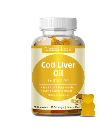 Cod Liver Oil Gummies 1000mg Sugar Free for Adults & Kids Omega-3s & Vitamin A&D for Brain Cognitive Heart & Eye Bone Health Gluten Free Non GMO Pectin 60 60 Count (Pack of 1)