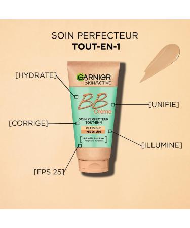 GARNIER Skin Active - BB Cream - All-In-1 Perfecting Treatment - Unifies Mattifies & Hydrates - SPF 25 - Hyaluronic Acid & Aloe Vera - Vegan & Cruelty Free - Combination to Oily Skin - Medium Shade - 50 ml - Buy Online on GoSupps.com