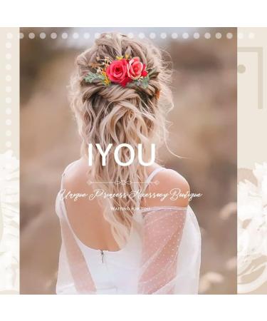 IYOU Red Bridal Hair Comb Artificial Flower Headpiece Leaves Prom Beach Wedding Sides Combs Hair Dress Accessories for Bride and Bridesmaid - Buy Online on GoSupps.com