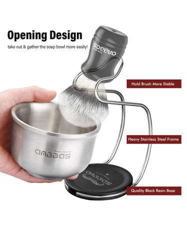 Anbbas 3in1 Vegan Synthetic Badger Hair Shaving Brush Set - Stainless Steel Bowl & Brush Holder Stand for Men in Silver - Buy Online on GoSupps.com