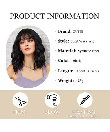 OUFEI Black Wigs for Women Short Wavy Wig With Bangs Natural Synthetic Hair Heat Resistant Wigs for Daily Party Cosplay Wear Black(8117-1) - Buy Online on GoSupps.com