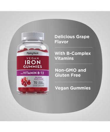 Piping Rock Vegan Iron Gummies Supplement | 70 Count | with Vitamin B-12 | Delicious Grape Flavor | Non-GMO Gluten Free - Buy Online on GoSupps.com