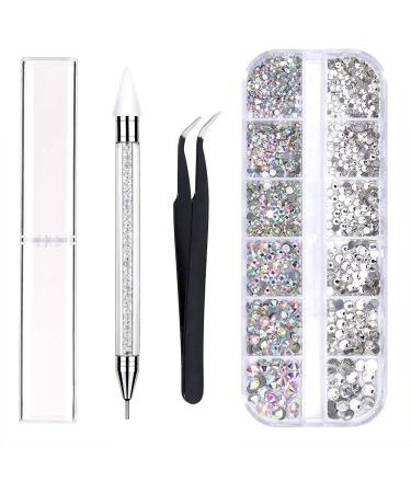 Alminionary Crystals AB Nail Art Rhinestones Decorations Nail Stones for Nail Art Supplies in 6 Sizes Flat Back Gems with Pick Up Tweezers and Rhinestone Picker Dotting Pen  Nail Art Tools for Nails  Clothes  Face  Craft...