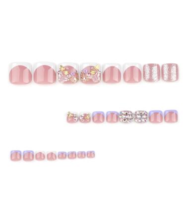Buy Press-On Toenails | 3D Butterfly Full Cover Short Square French Tips | Summer Cute Nail Art for Pedicure | Glossy False Toenails Online - Buy Online on GoSupps.com