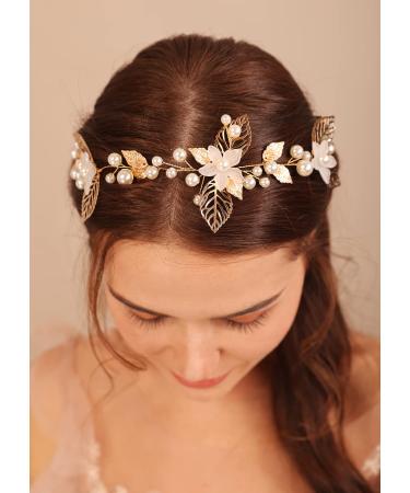 Deniferymakeup White Flower Headband Leaf Hair Vine Pearl Hair Piece Bridal Shower Hair Jewelry for Wedding Brides Bridesmaid (Gold)